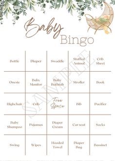 a baby shower game with the words baby bingo written in gold and green leaves on it