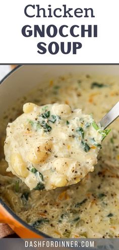 chicken gnocchi soup in a pot with a spoon