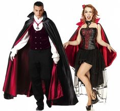 a man and woman dressed up as dracula and vampire bride costume for halloween or cosplay