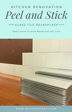 the kitchen renovation peel and stick glass tile backsplash is stacked on top of each other