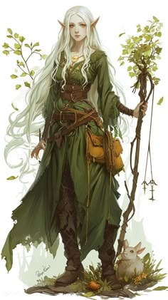 a woman with white hair and green dress holding a stick in her hand while standing next to a tree