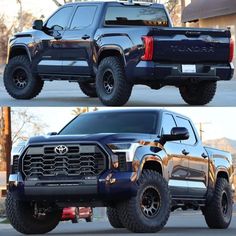 two pictures of the same truck in different stages, one is black and the other is silver