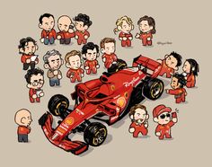 a red race car surrounded by people in the shape of an individual's head