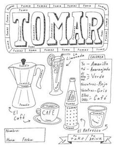 a black and white drawing of the word tomar with coffee cups, blender, measuring spoons and other items