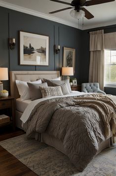 a large bed sitting in a bedroom next to a window with curtains on the windowsill