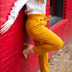 Mustard Belted Pants. Please Note That When You Receive It, The Tag Will Have The Uk Size On It. Order Your Us Size Mustard High Waist Bottoms For Workwear, Mustard High-waist Bottoms For Work, High Waist Mustard Bottoms For Work, Chic Mustard Bottoms For Spring, Yellow High-waisted Workwear Pants, Chic Yellow Tapered Leg Pants, Chic Yellow Tapered Pants, Chic Yellow Workwear Bottoms, Chic Mustard Trousers