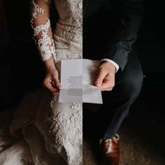 a bride and groom holding an open book