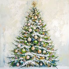 a painting of a christmas tree with ornaments on it