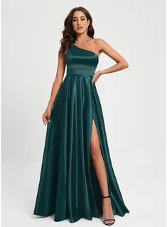 One Shoulder Green Prom Dress, Green Prom Looks, Jjshouse Dresses, Awards Dress, Debs Dress, Satin Prom Dresses, One Shoulder Prom Dress, Military Ball Dresses, Elegant Prom