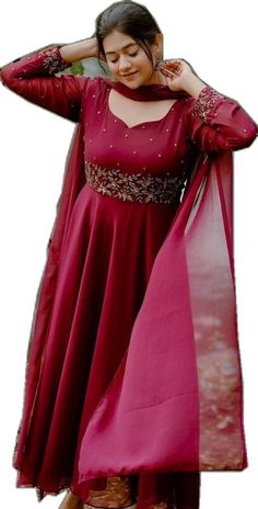 Burgundy Anarkali Dupatta For Festivals, Red Georgette Anarkali Set With Dabka, Anarkali Style Burgundy Dupatta With Resham Embroidery, Burgundy Anarkali Dupatta With Resham Embroidery, Red Dabka Floor-length Gown, Burgundy Anarkali Sets With Resham Embroidery, Red Floor-length Churidar With Dabka Work, Floor-length Red Churidar With Dabka Work, Red Georgette Maxi Length Kurta