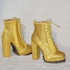 Beautiful Yellow Faux Suede 4.75" Heel With A 1.5" Platform Deep Lug Tread Adjustable Lace Up Front Design With A Easy To Use Side Zipper New In Box Pictures Taken With And Without Flash Gold Boots With Rhinestones For Party, Gold Party Boots With Rhinestones, Gold Rhinestone Party Boots, Yellow Ankle-high Heels For Party, Yellow Lace-up Party Heels, Yellow Heels With Rhinestones For Party, Yellow Rhinestone Heels For Party, Party Yellow Heels With Rhinestones, Yellow Rhinestone Party Heels