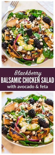 this salad is loaded with blackberries, spinach and chicken it's ready to be eaten