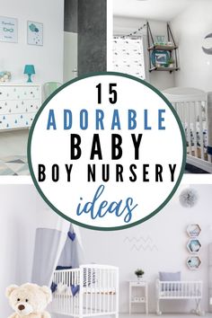 the baby nursery is decorated in white and blue with teddy bears, cribs, dresser