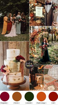 a collage of photos with different colors and wedding cake in the middle, surrounded by trees