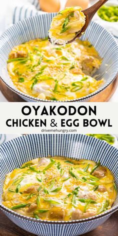 chicken and egg bowl with broccoli is shown in two different bowls, one being spooned into the soup