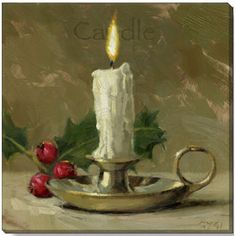 a painting of a lit candle on a plate with holly leaves and red berries next to it