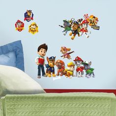 the paw patrol wall decals are all over the room