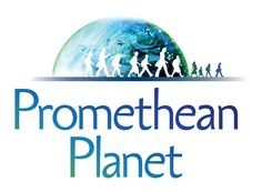 the logo for promethean planet with people walking around it and an earth globe in the background