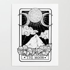 the moon tarot card with mountains and clouds above it in black and white art print