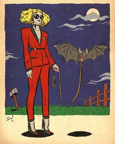 a drawing of a woman in a red suit with a bat hanging from her shoulder