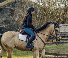 a woman riding on the back of a brown horse in a fenced in area