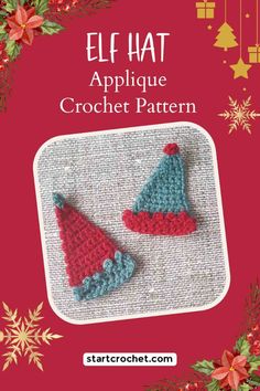 two crocheted christmas hats on top of a red and green cover with holly wreaths