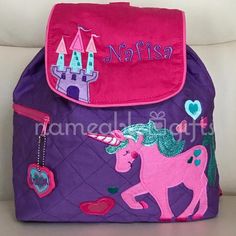 Your little one will feel so big carrying his/her very own fun, cute and colourful backpack stitched with his/her name!  More than enough space to pack snacks, colouring books, markers, stuffies or toys.  Ideal for daycare, preschool (not meant for Kindergarten) or any type of outing. It comes with a beautiful embroidered design and a fun and theme coordinated zipper pull.  They would make a perfect birthday or baby shower gift.  You can find other backpack options and more gift ideas at nameabl Unicorn Quilt, Mermaid Backpack, Princess Backpack, Unicorn Backpack, Backpack Free, Quilted Backpack, Colorful Backpacks, Toddler Backpack, Purple Unicorn