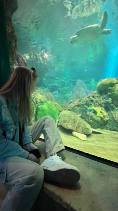 a woman sitting in front of an aquarium looking at the sea turtle and other animals