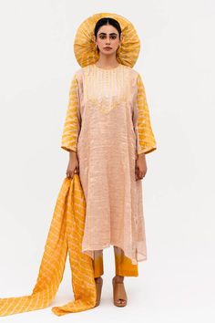 Yellow full sleeves linen tissue straight kurta with all over texture, mirror bloom embroidered yoke and leheriya detailing on the sleeves. Paired with an ombre silk pant and leheriya pattern dupatta and an inner. - Aza Fashions Raw Silk Palazzo Set With Straight Kurta For Spring, Spring Raw Silk Palazzo Set With Straight Kurta, Spring Palazzo Set With Straight Kurta In Raw Silk, Spring Palazzo Set In Raw Silk With Straight Kurta, Spring Linen Kurta With Chikankari Embroidery, Elegant Linen Straight Kurta Sets, Spring Raw Silk Palazzo Set With Dupatta, Spring Palazzo Set With Dupatta In Raw Silk, Elegant Linen Kurta For Spring