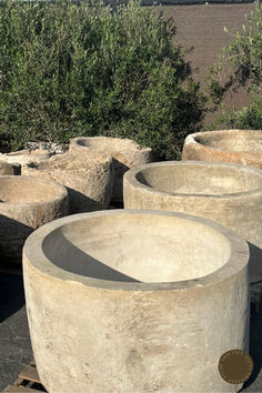 several cement bowls sitting on top of pallets in front of some bushes and trees