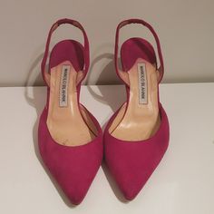 This Classic Pair Are Gorgeous And Definitely More Comfortable Than It Looks. Pink Slingback Pumps With Wrapped Heel For Formal Events, Formal Pink Slingback Pumps With Wrapped Heel, Pink Ankle Strap Court Shoes For Formal Occasions, Formal Pink Court Shoes With Heel Strap, Elegant Pink Slingback Pumps With Round Toe, Shoes Manolo Blahnik, Blahnik Shoes, Manolo Blahnik Shoes, Manolo Blahnik