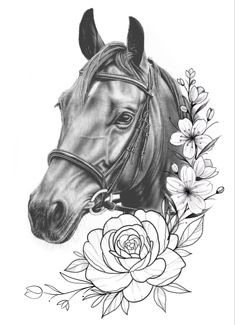 a drawing of a horse with flowers around it