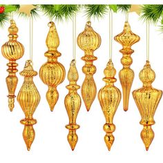 golden ornaments hanging from a christmas tree