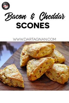 bacon and cheddar scones on a cutting board with the title above it