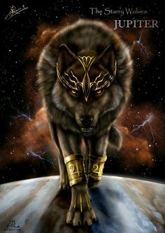 a painting of a wolf standing on top of a planet