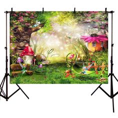 an image of a garden scene with mushrooms and flowers on the ground, in front of a