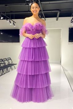 Modsele purple long formal dress features off-the-shoulder neckline and A-line multi-tiered skirt.#prom2023#promdresses#specialoccasion#formaldress Prom Dress Purple, Disney Prom, Tiered Prom Dress, Tulle Long Prom Dress, Purple Tulle, Tulle Dresses, Prom Dresses Long Pink, Prom Dresses Long Lace, Long Prom Gowns