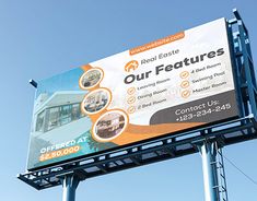 an advertisement for real estate in front of a blue sky with lots of details on it