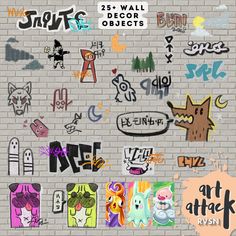 graffiti stickers on a brick wall with the words art attack written in different languages