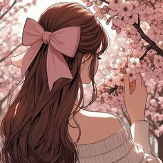 a girl with long brown hair wearing a pink bow standing in front of cherry blossom trees