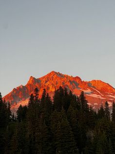 the sun is setting on a mountain with trees in front of it and snow capped peaks