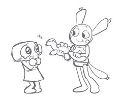 an image of a cartoon character giving something to another person