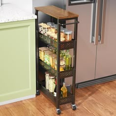 a kitchen cart with food on it in front of a refrigerator and counter top area