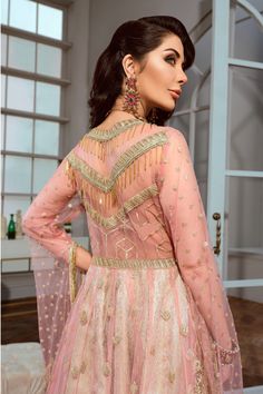 Pakistani Chiffon Frock for Party in Pink Color in Stylish design embellished with elegant design embroidery and looking so classy. You can wear it on party and wedding events. Frock: Chiffon frock is presented with pink color hand work fully embroidered work of threads. Gheerah is embellished with embroidered cut work chiffon patch. Sleeves and front, back of shirt is designed with beautiful embroidered patch. Sleeves are fully embroidered. Trouser: Pakistani Chiffon Suit in pink Color is paire Frock For Party, Chiffon Frock, Best Party Dresses, Pakistani Formal Dresses, Indian Bridal Dress, Chiffon Collection, Pakistani Bridal Dresses, Pakistani Bridal, Indian Wedding Dress