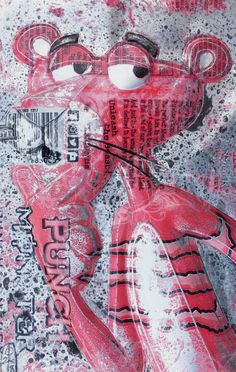 a red and white drawing of a teddy bear with words on it's face