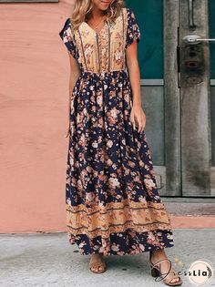 Bohemian Floral Print Tulip Sleeve V-neck Maxi Dress Maxi Dresses Online, Long Maxi Dresses, Cheap Maxi Dresses, Long Sundress, Dark Academia Fashion, Academia Fashion, Tulip Sleeve, Maxi Dress Online, Bohemian Floral