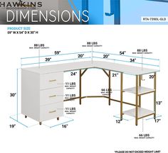 an image of a desk with measurements for the top and bottom section, including drawers