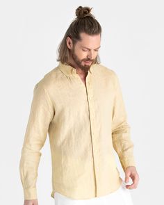 Men's classic linen shirt WENGEN in Cream - MagicLinen Wrinkled Clothes, White River, Shell Buttons, Clothing Care, Reduce Wrinkles, Linen Clothes, Linen Dress, Classic Shirt, Linen Shirt