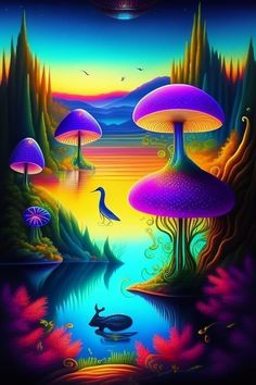 an image of mushrooms and birds in the night sky by water with trees, plants, and other things