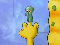 the spongebob finger is pointing at another cartoon character